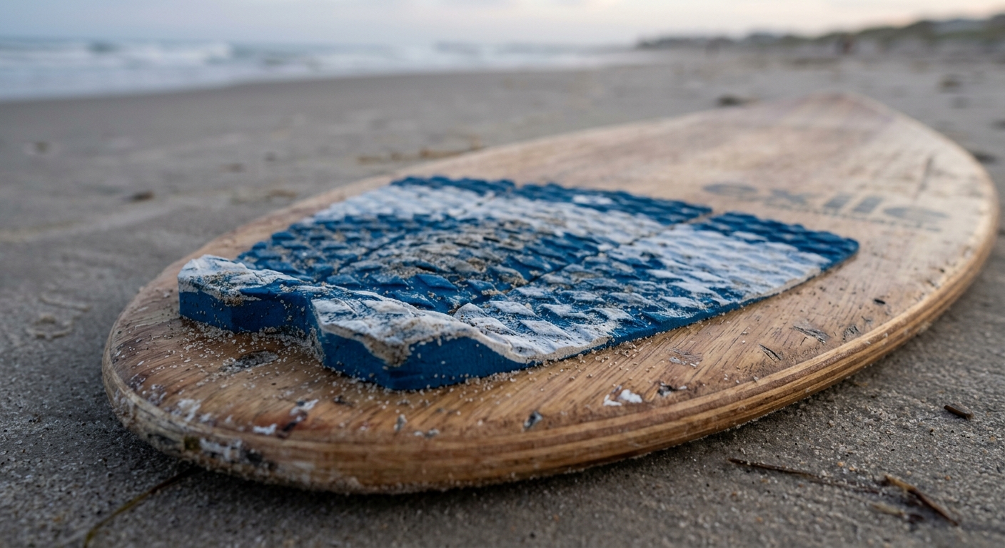 Detail du deck et du pad d'un skimboard d'occasion
