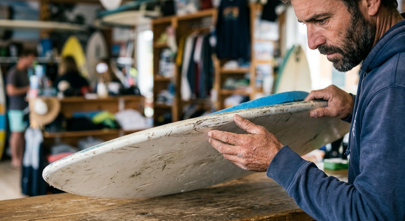 Inspection d'un skimboard d'occasion coque et rails dans un shop
