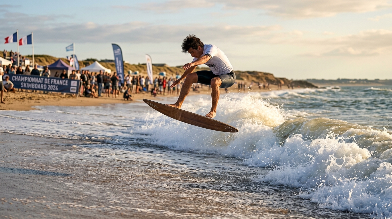 Skimboardeur en train de glisser sur le shore break atlantique