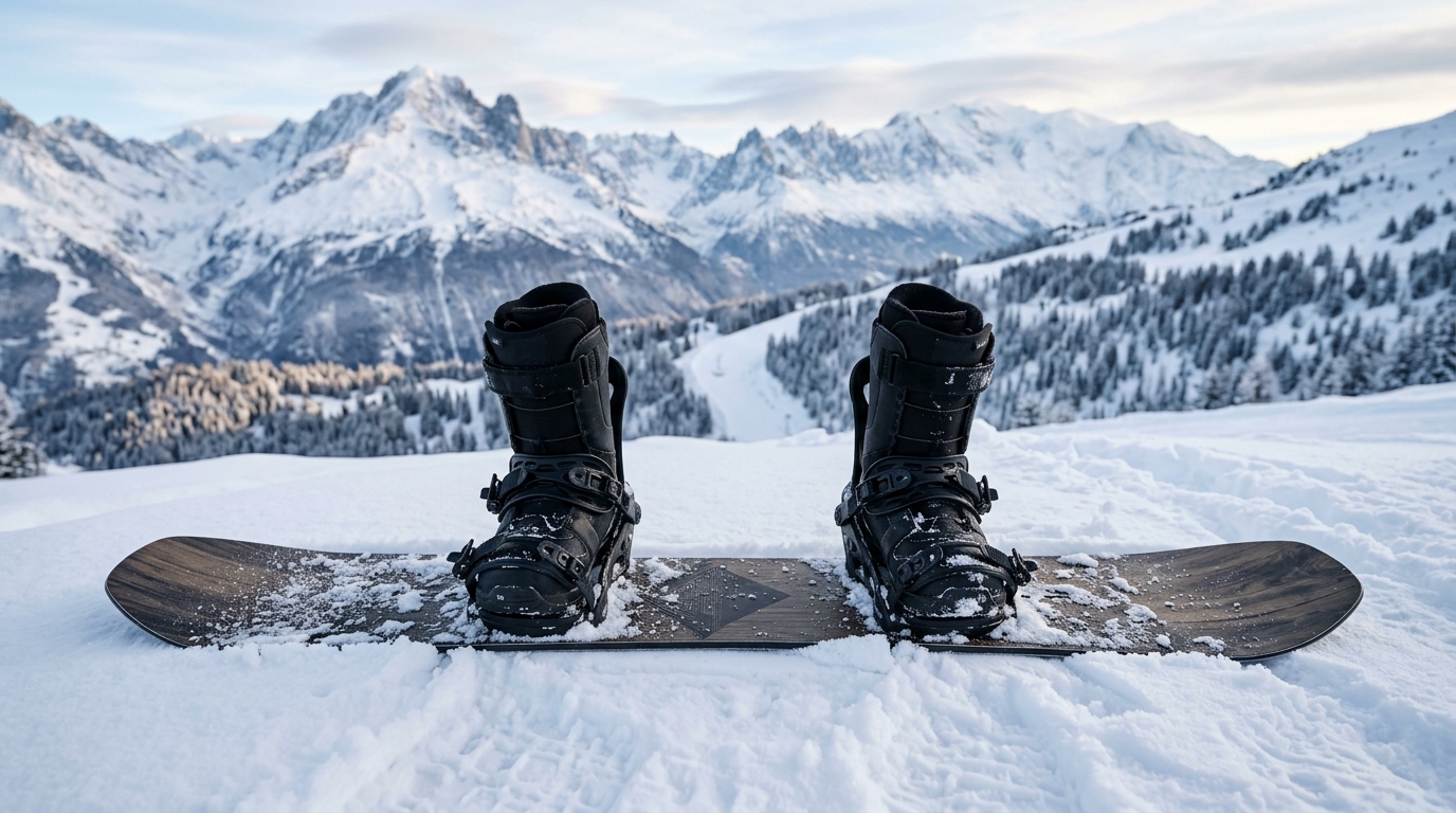Snowboard all-mountain posé dans la neige avec fixations et boots