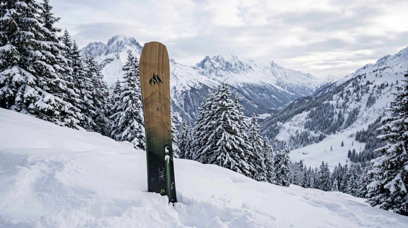 Planche de snowboard freeride plantée dans la poudreuse hors-piste