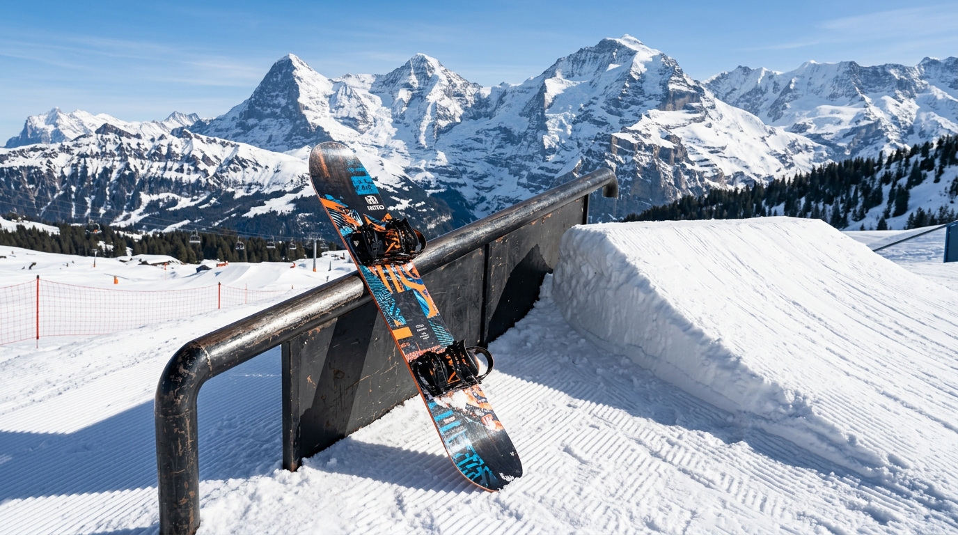 Planche de snowboard freestyle posée près d'un rail de snowpark