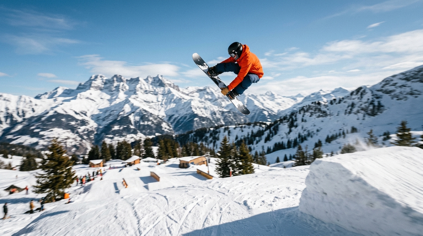 Snowboardeur en plein method grab sur kicker de snowpark