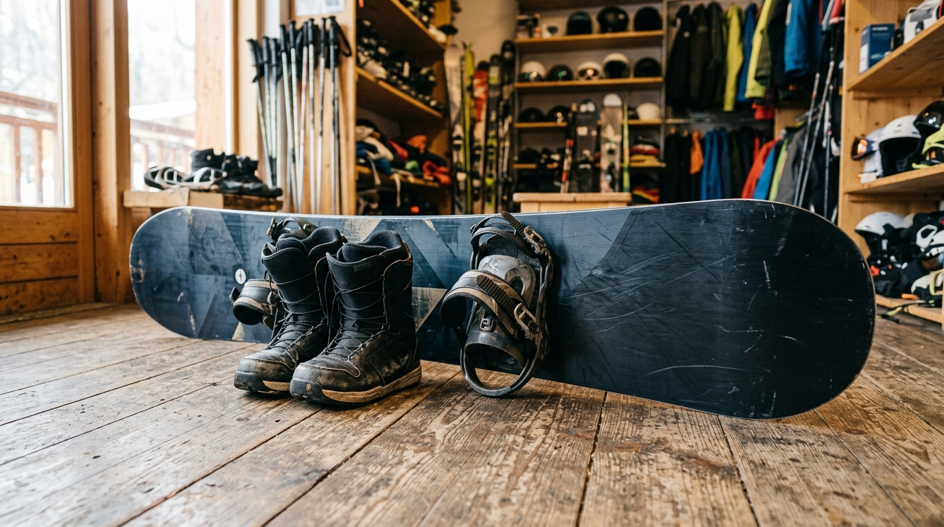 Snowboard d'occasion exposé dans une boutique de sport d'hiver