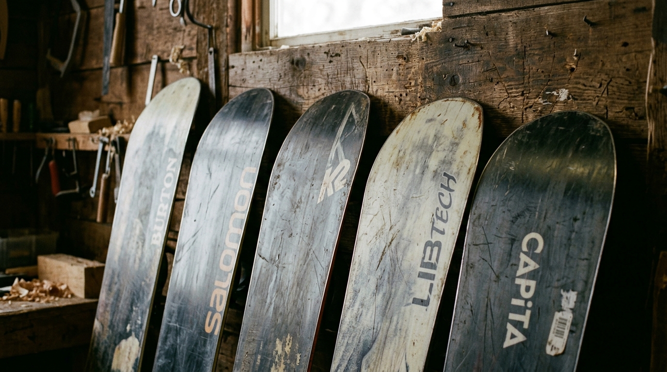 Planches de snowboard d'occasion alignées avec détail des carres et semelles