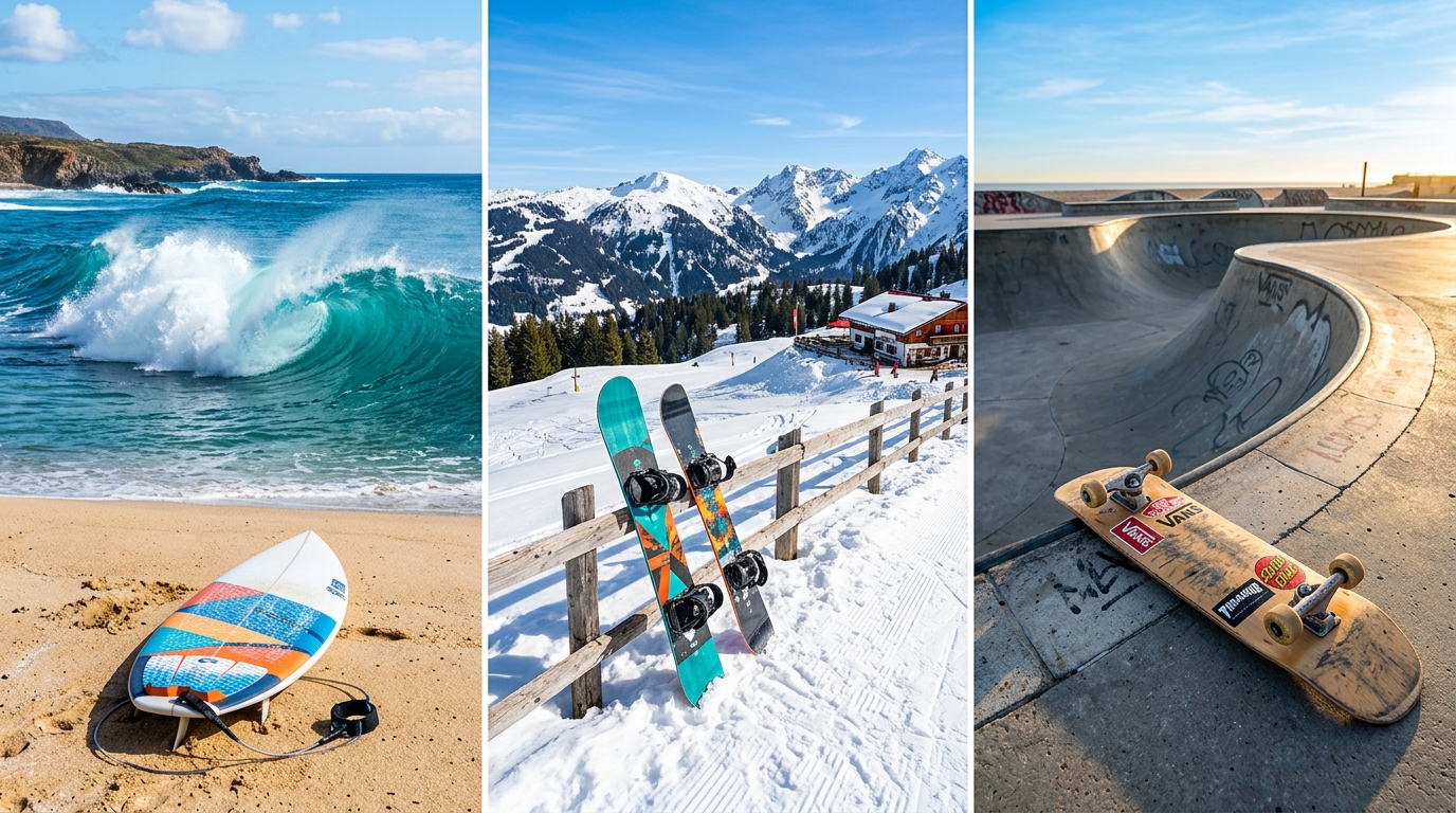 Les trois milieux des sports de glisse : océan, montagne enneigée et skatepark urbain