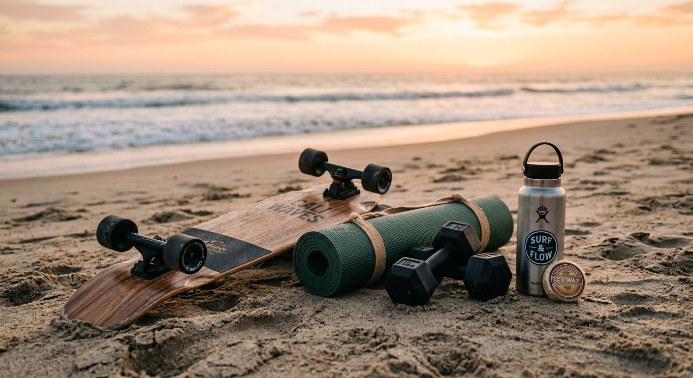Équipement de cross-training pour le surf sur la plage : skateboard, tapis de yoga et haltères