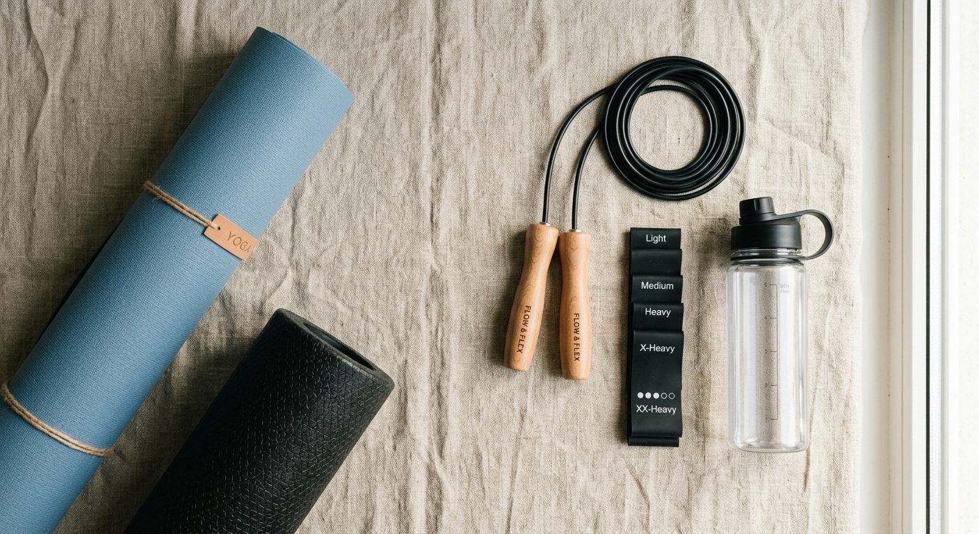 Flat lay équipement yoga et entraînement résistance surfeur