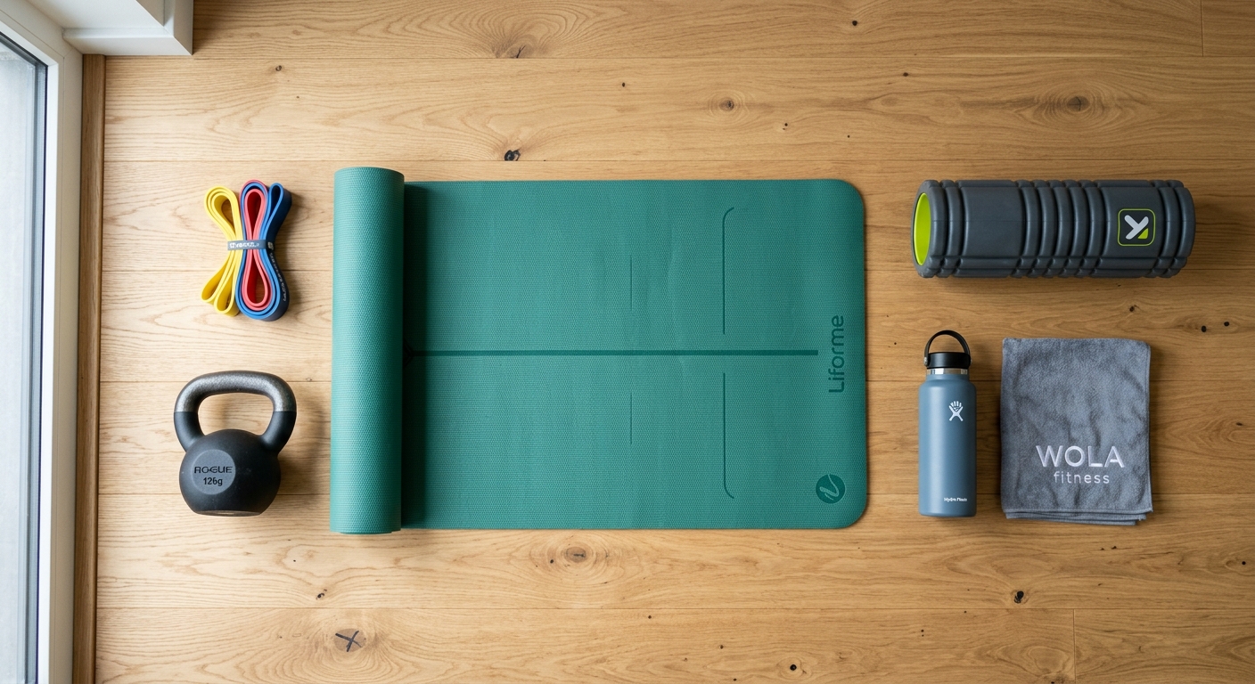 Flat lay tapis de yoga, bandes de résistance et kettlebell pour préparation physique surf