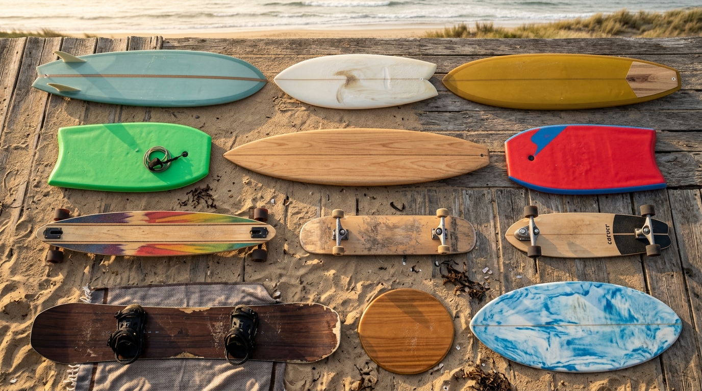 Collection de planches sports de glisse : surf, bodyboard, skate, snowboard