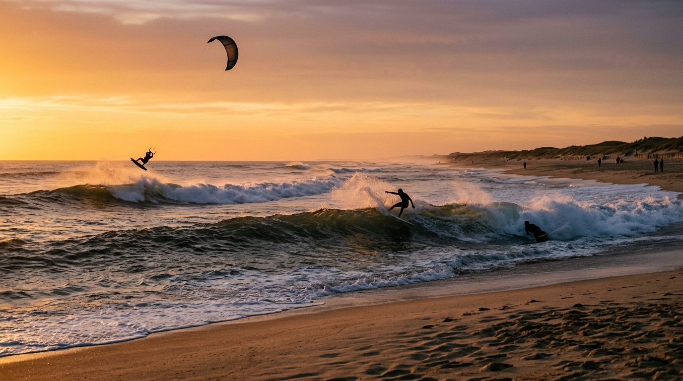Silhouettes de riders multi-disciplines au coucher du soleil sur la plage atlantique