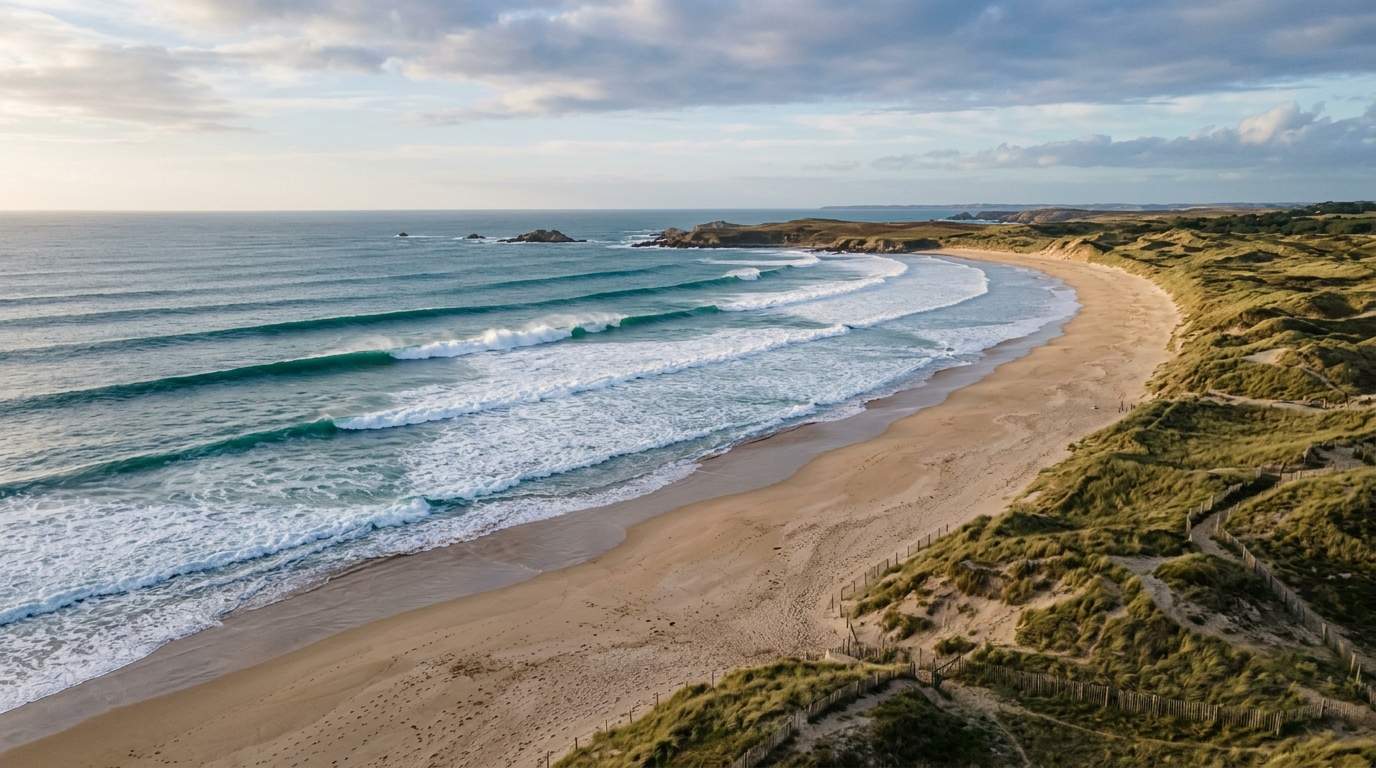 Spot de vagues sur la côte atlantique française avec plage et dunes