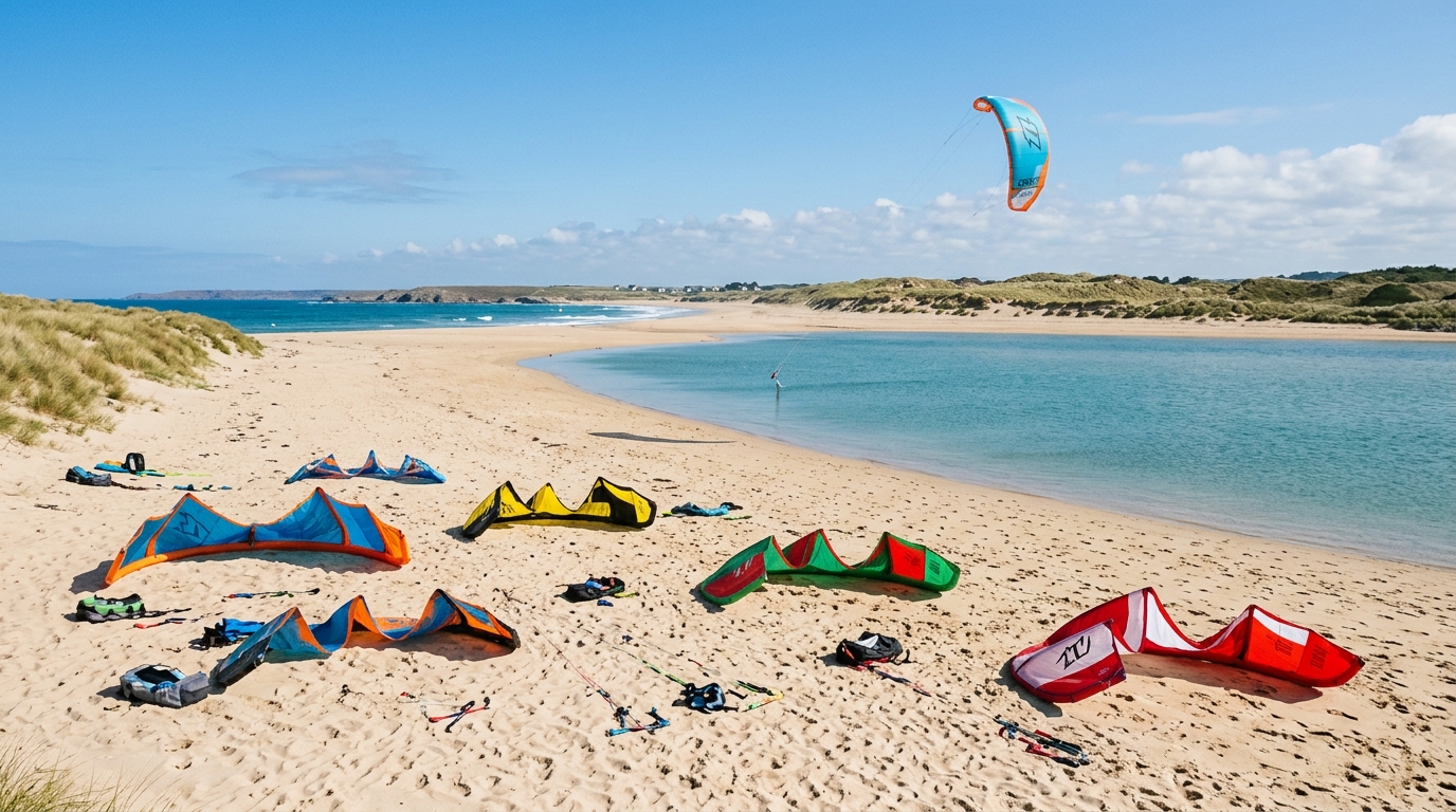 Spot de kitesurf français plage plan d'eau et ailes dans le ciel