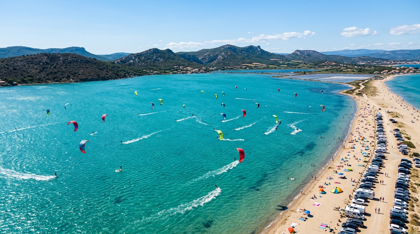 Vue aérienne d'un spot de kitesurf méditerranéen à Leucate