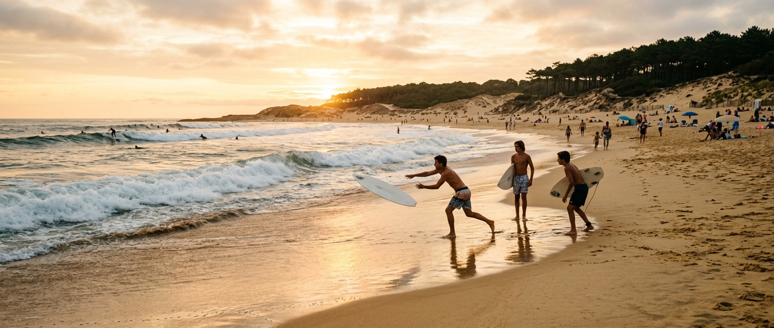Plage de Hossegor avec shorebreak et skimboarders au coucher du soleil