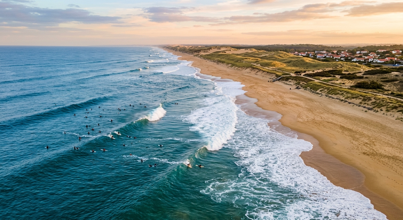 Line-up de surf à Hossegor au lever du soleil