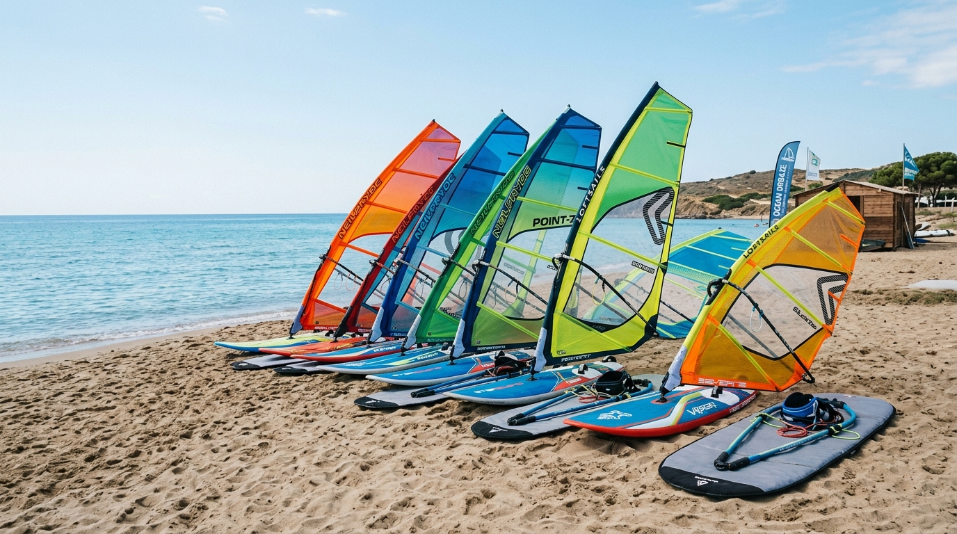 Plusieurs planches à voile alignées sur la plage d une école de planche à voile
