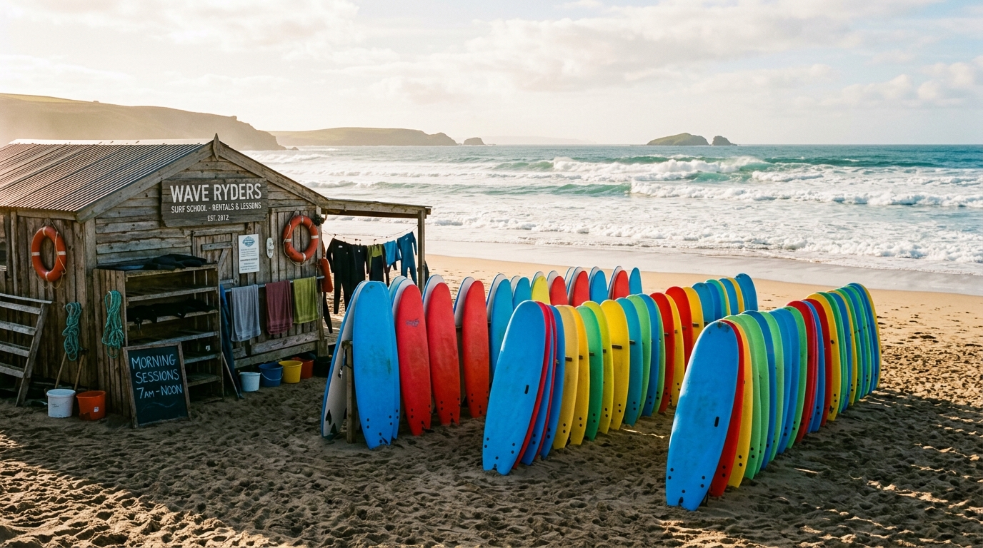 Planches de surf mousse alignées devant une école de surf sur la plage