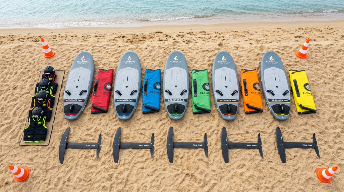 Materiel d'ecole de wing foil aligne sur la plage de l'Almanarre : planches, ailes, foils, casques