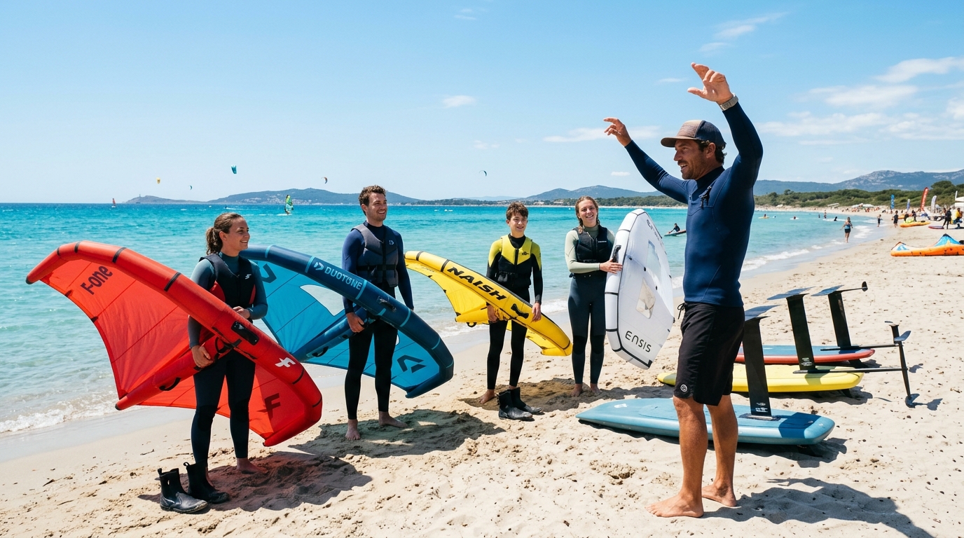 Stage wing foil collectif sur la plage de l'Almanarre Hyères Var, moniteur et stagiaires