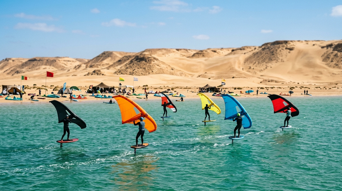 Stage wing foil à Dakhla Maroc, riders sur lagune turquoise eau plate sous vent alizé