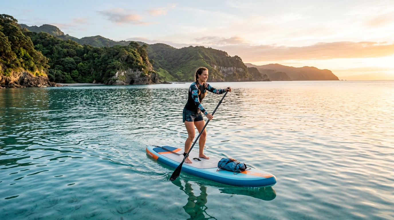 Pratiquante de stand up paddle pagayant le long d'une côte au coucher du soleil