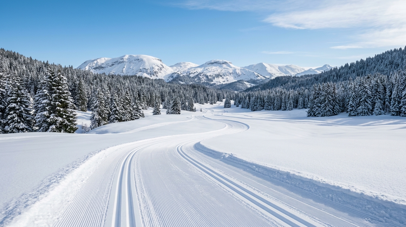 Domaine nordique français avec pistes de ski de fond damées et forêt enneigée
