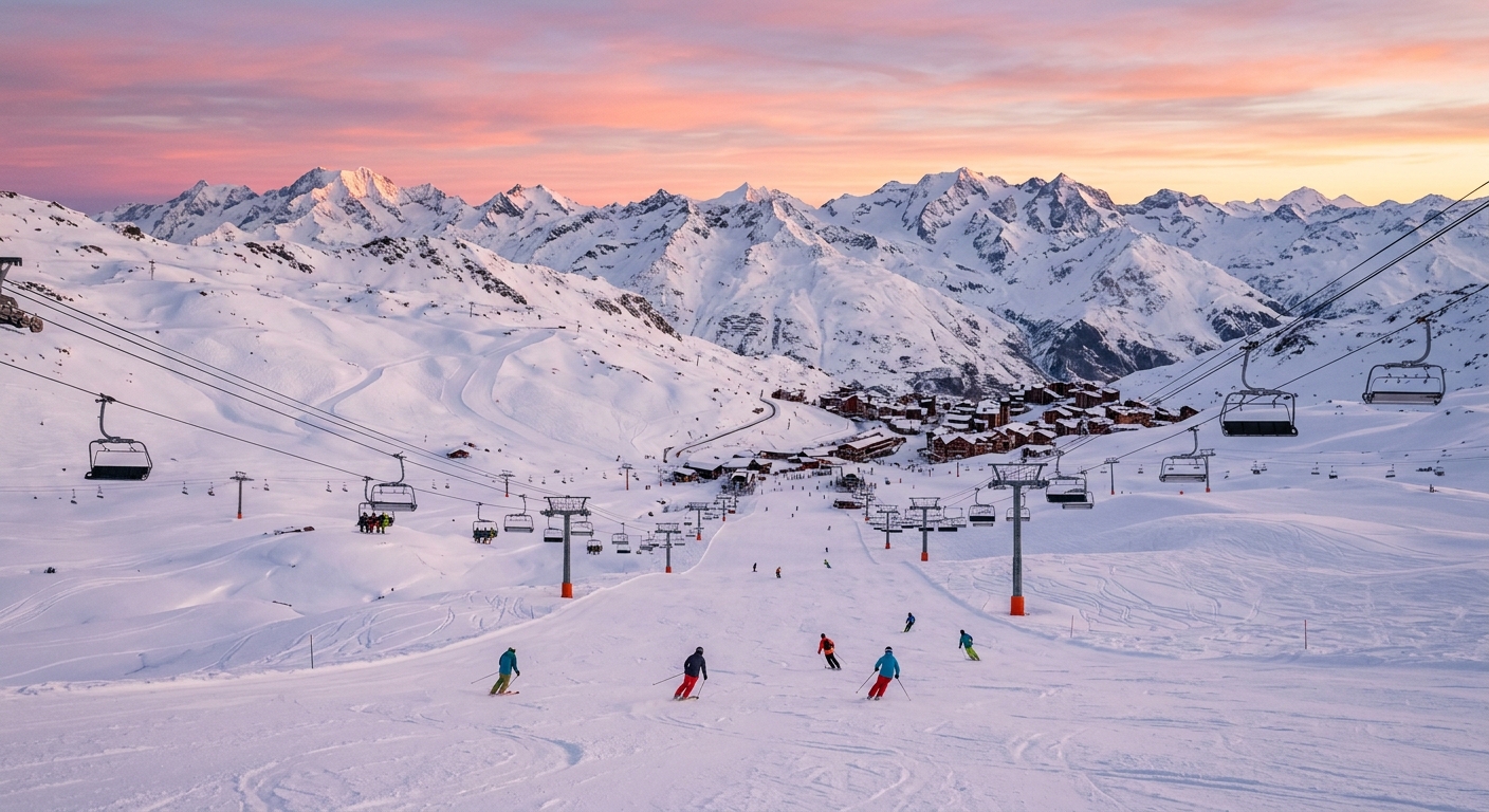 Station de ski des Alpes au lever du soleil avec télésièges et sommets