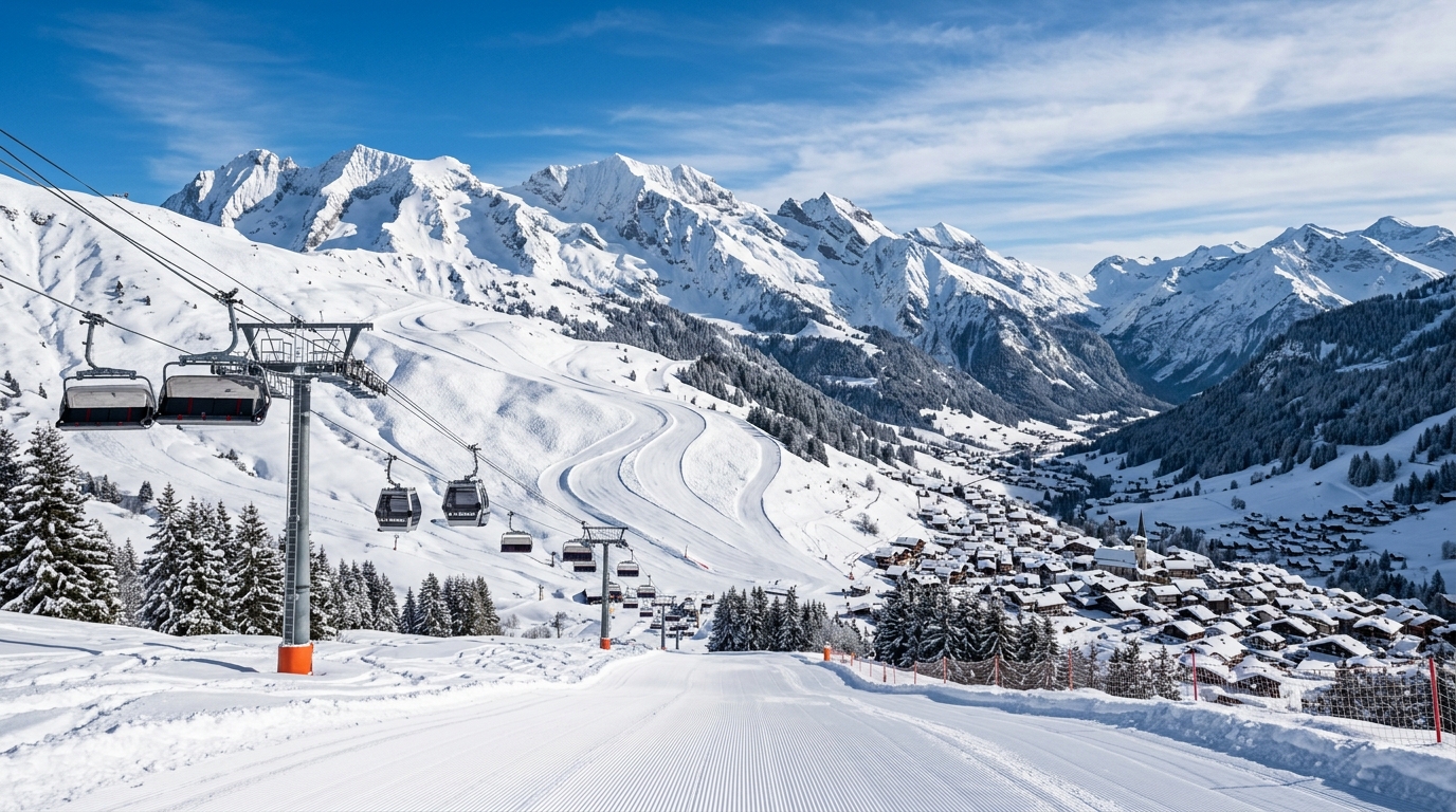 Paysage de station de ski française avec pistes damées et remontées mécaniques