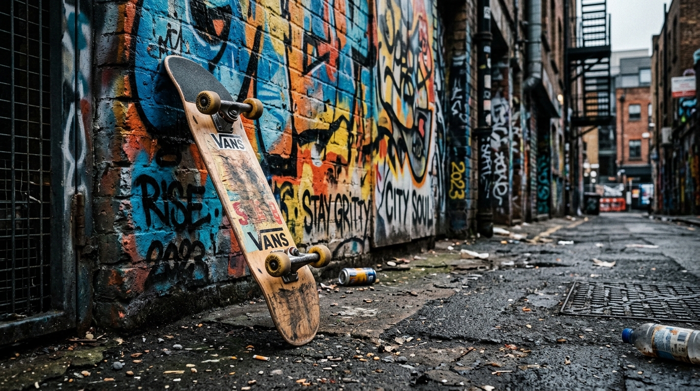 Skateboard appuyé contre un mur graffiti dans un décor urbain