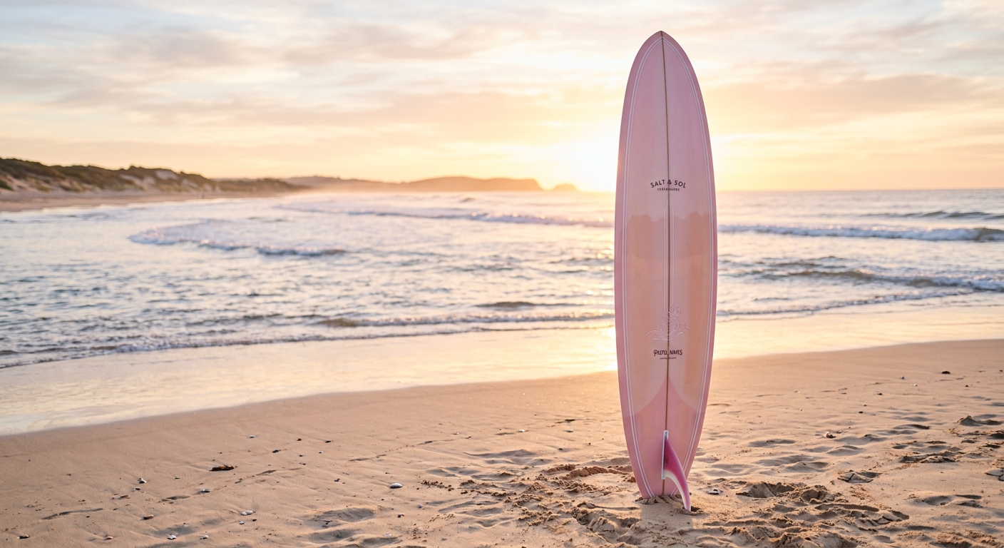 Planche de surf aux tons roses plantee dans le sable au golden hour, esthetique feminine