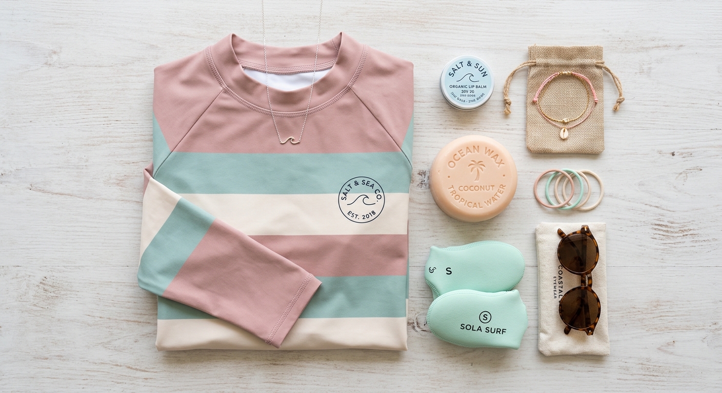 Vue de dessus a plat: equipement surf femme lycra wax accessoires tons pastel