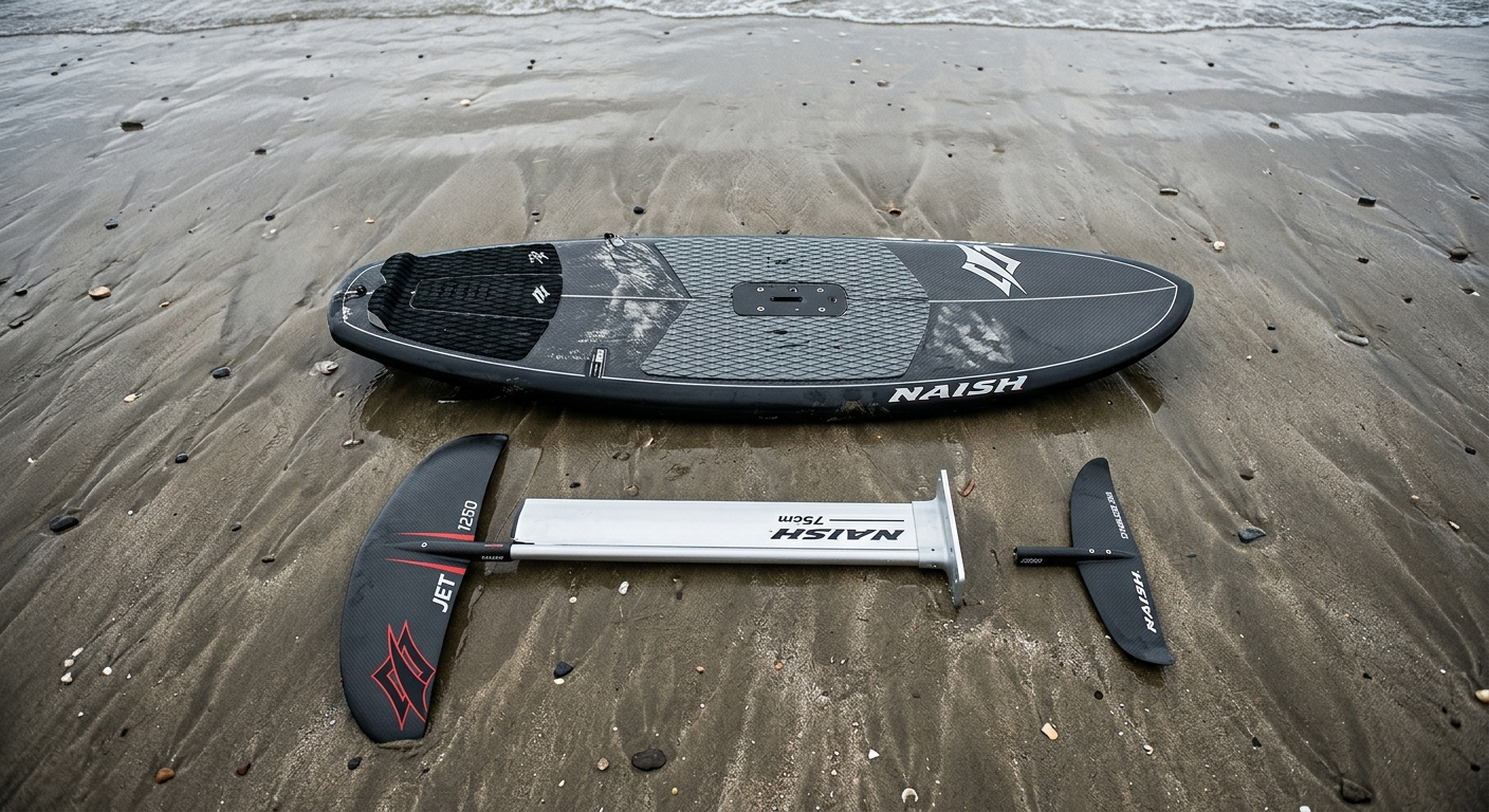 Planche de surf foil avec mât et ailes démontables sur le sable