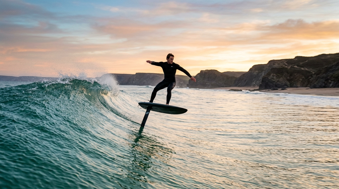 Surf-foiler en pleine vague avec planche soulevée par le foil, côte atlantique au lever du jour
