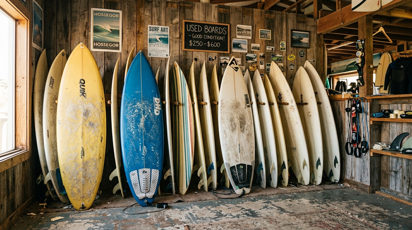 Planches de surf d'occasion alignées dans un magasin de seconde main
