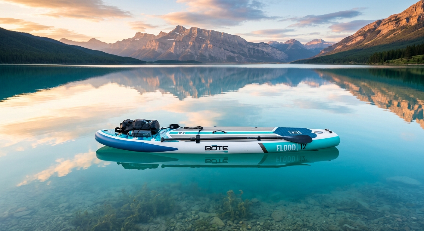 Stand-up paddle SUP flottant sur un lac turquoise calme au lever du soleil