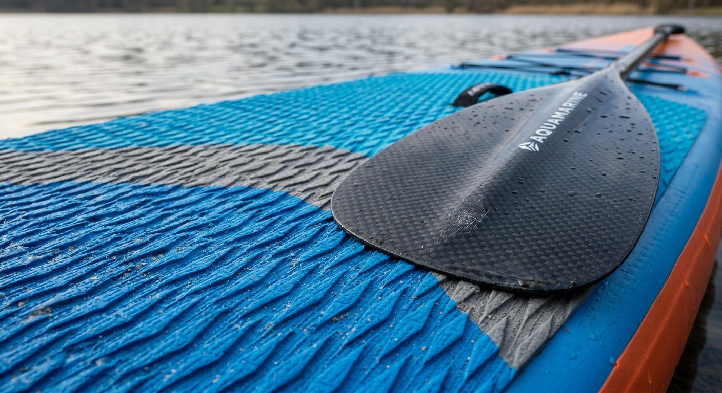 Gros plan macro: pad de traction du SUP et detail de la pale de pagaie