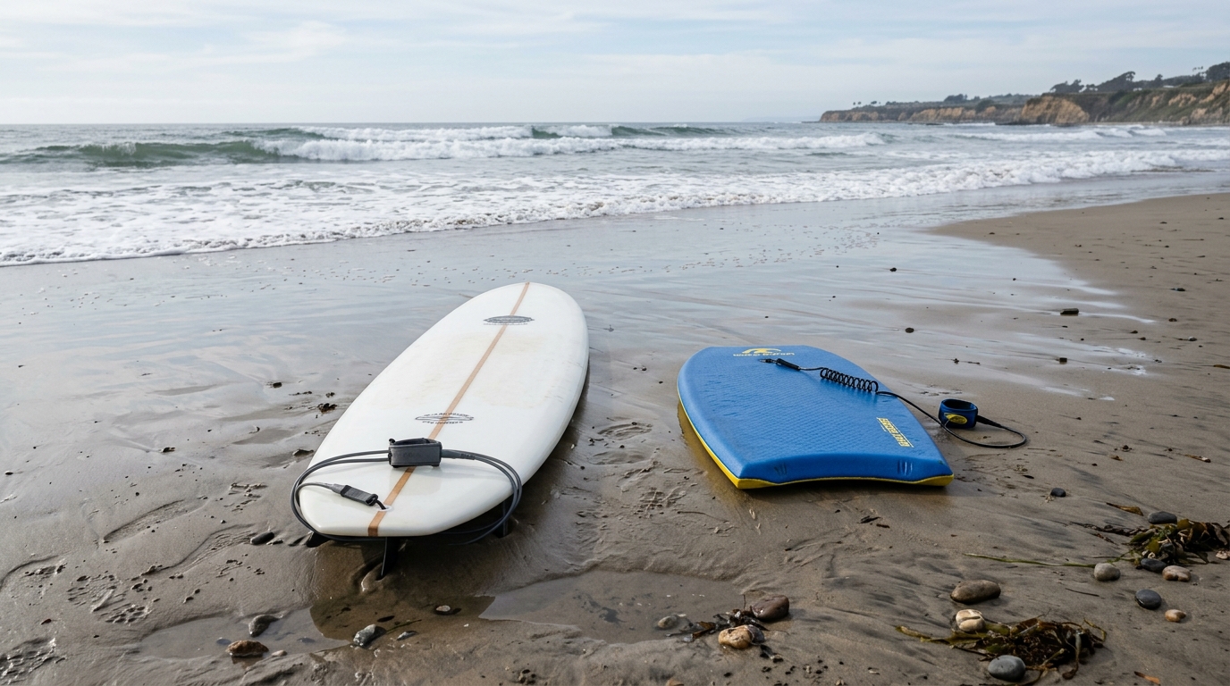 Un surf et un bodyboard posés côte à côte sur le sable mouillé de la plage