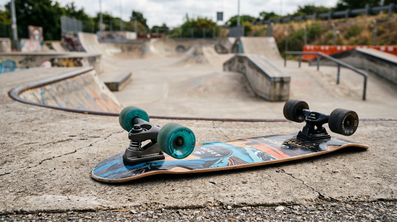 Surfskate posé au sol avec truck avant pivotant spécifique visible