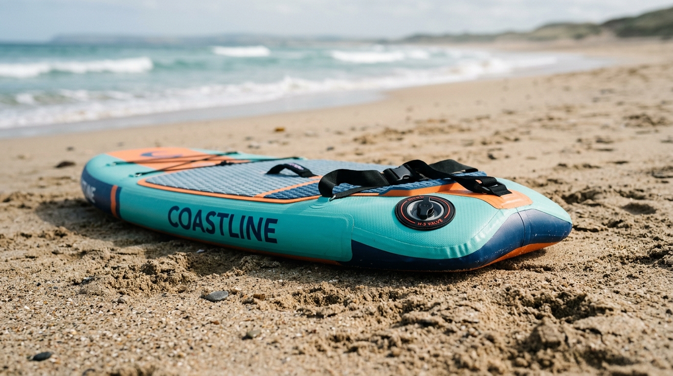 Bodyboard gonflable posé sur le sable, valve et deck visibles