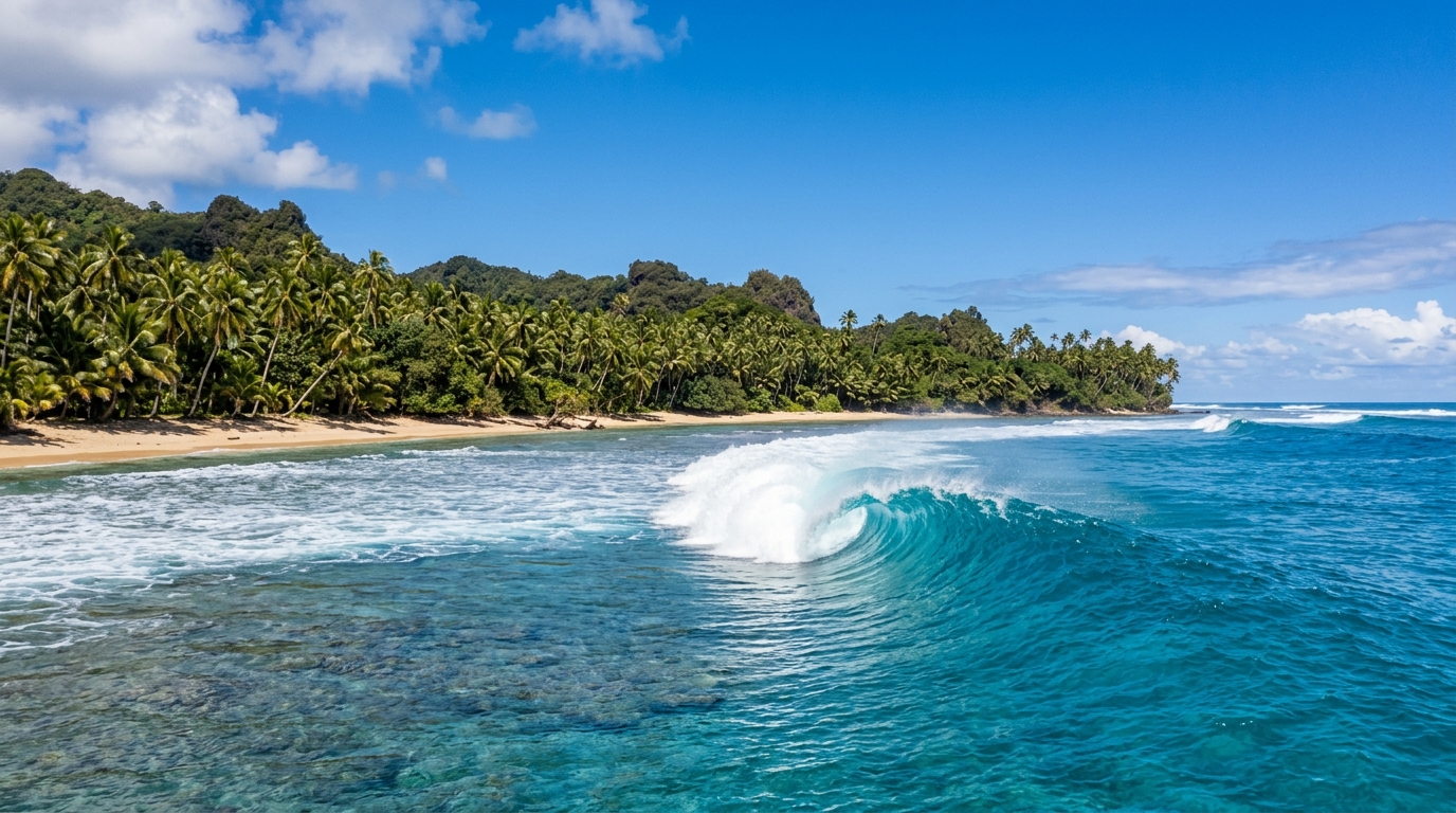 Vague tropicale parfaite et plage de palmiers d'une destination de surf de rêve