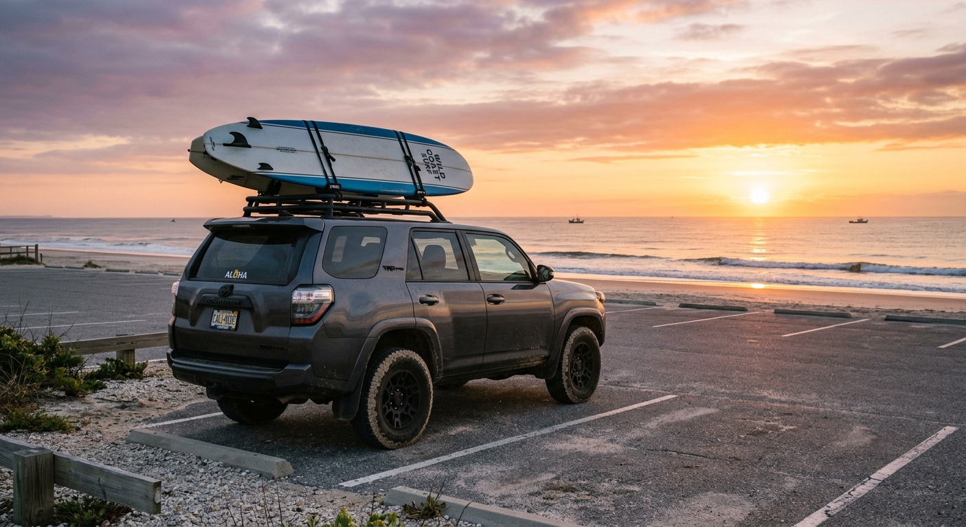 Planche de surf sanglée sur barres de toit au lever du soleil
