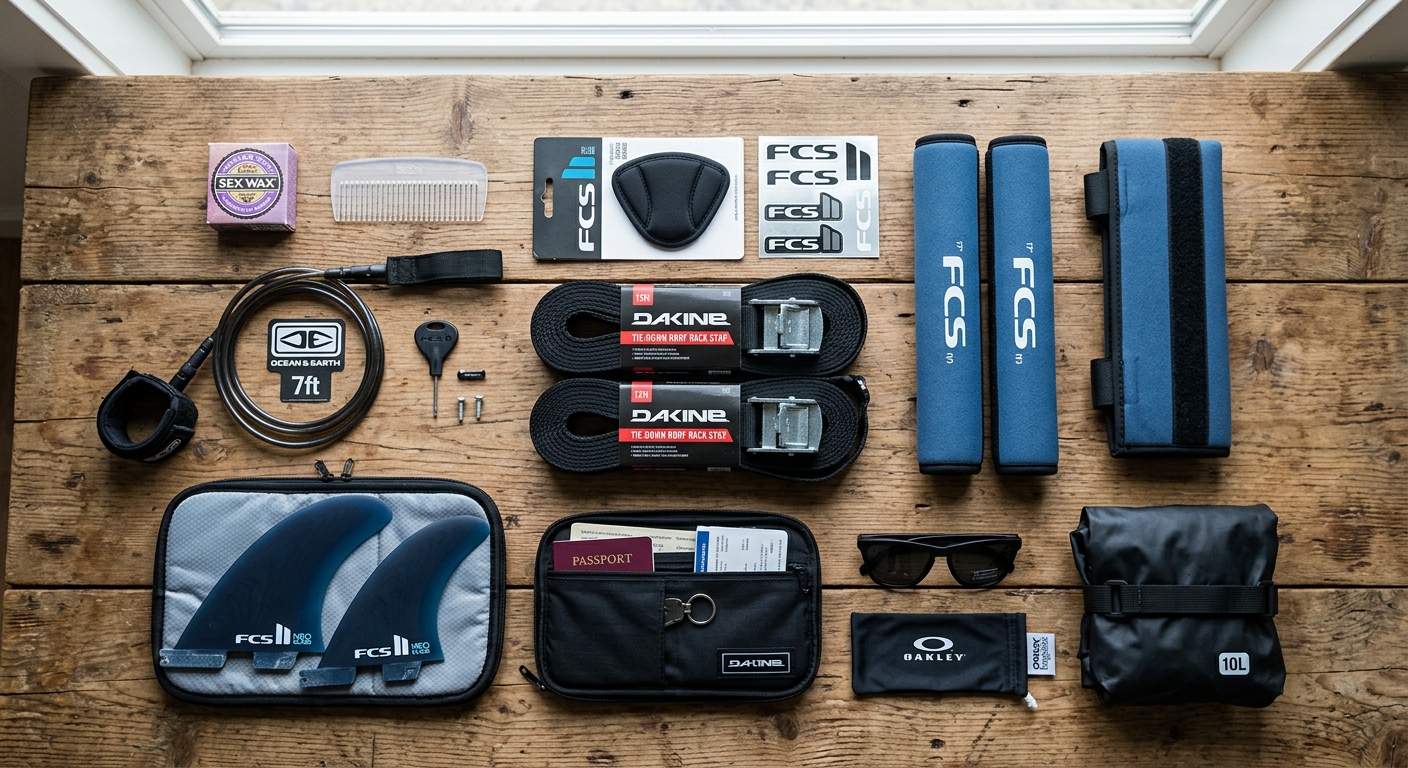 Flat lay accessoires de transport surf : sangles, protections, sticker