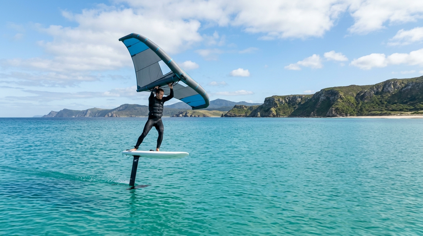 Rider en wing foil volant au-dessus de l'eau, mât du foil visible