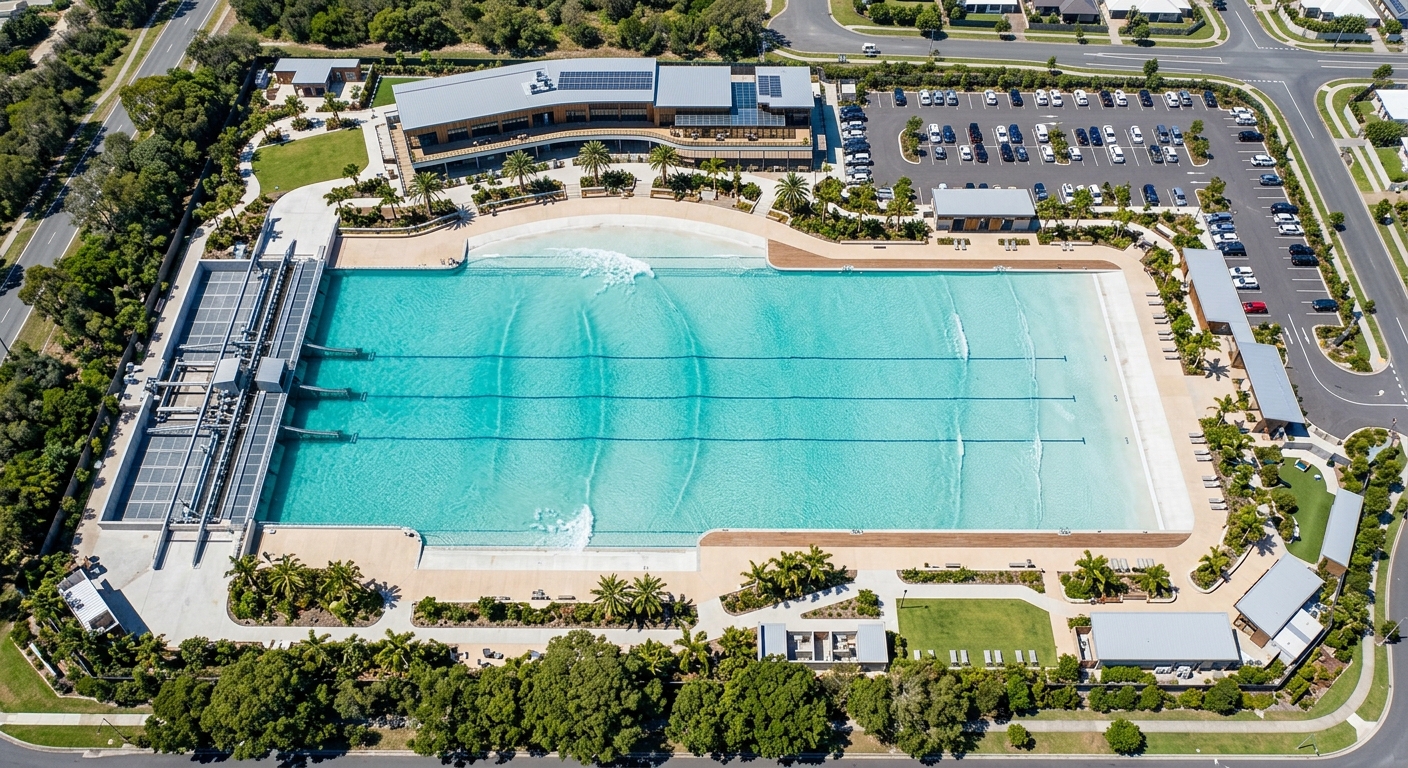 Vue aérienne en plongée d'un surf park avec piscine à vagues, vue architecturale