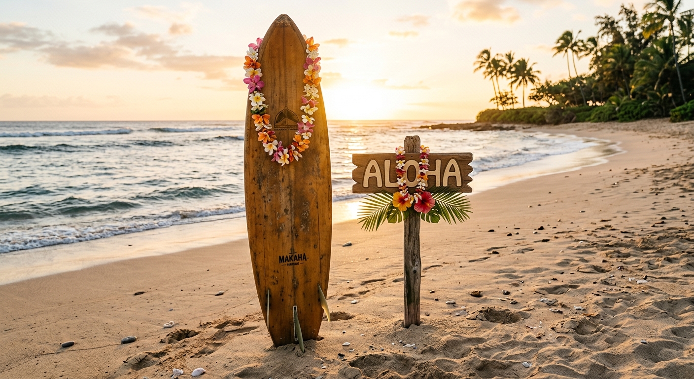 Lei hawaïen sur planche de surf vintage et panneau Aloha en bois