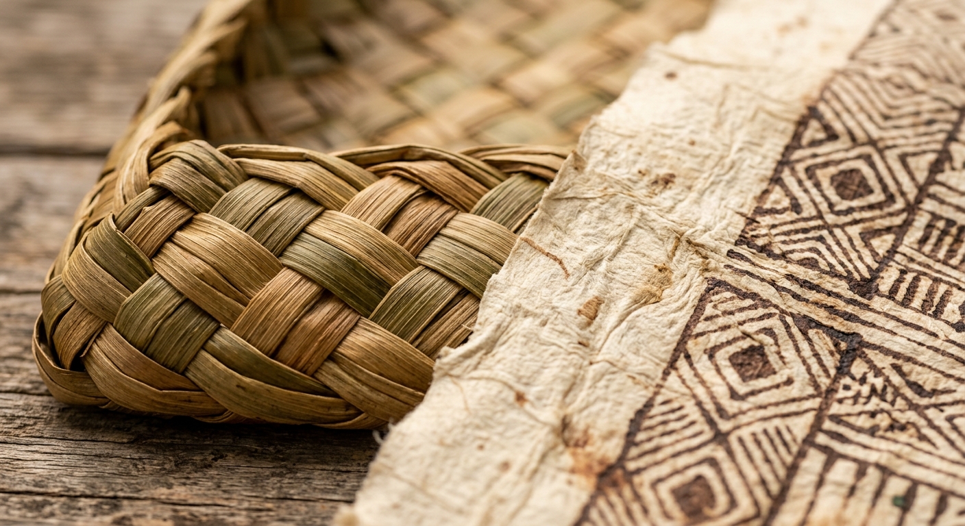 Texture de feuilles de palmier tressees et tissu kapa hawaien