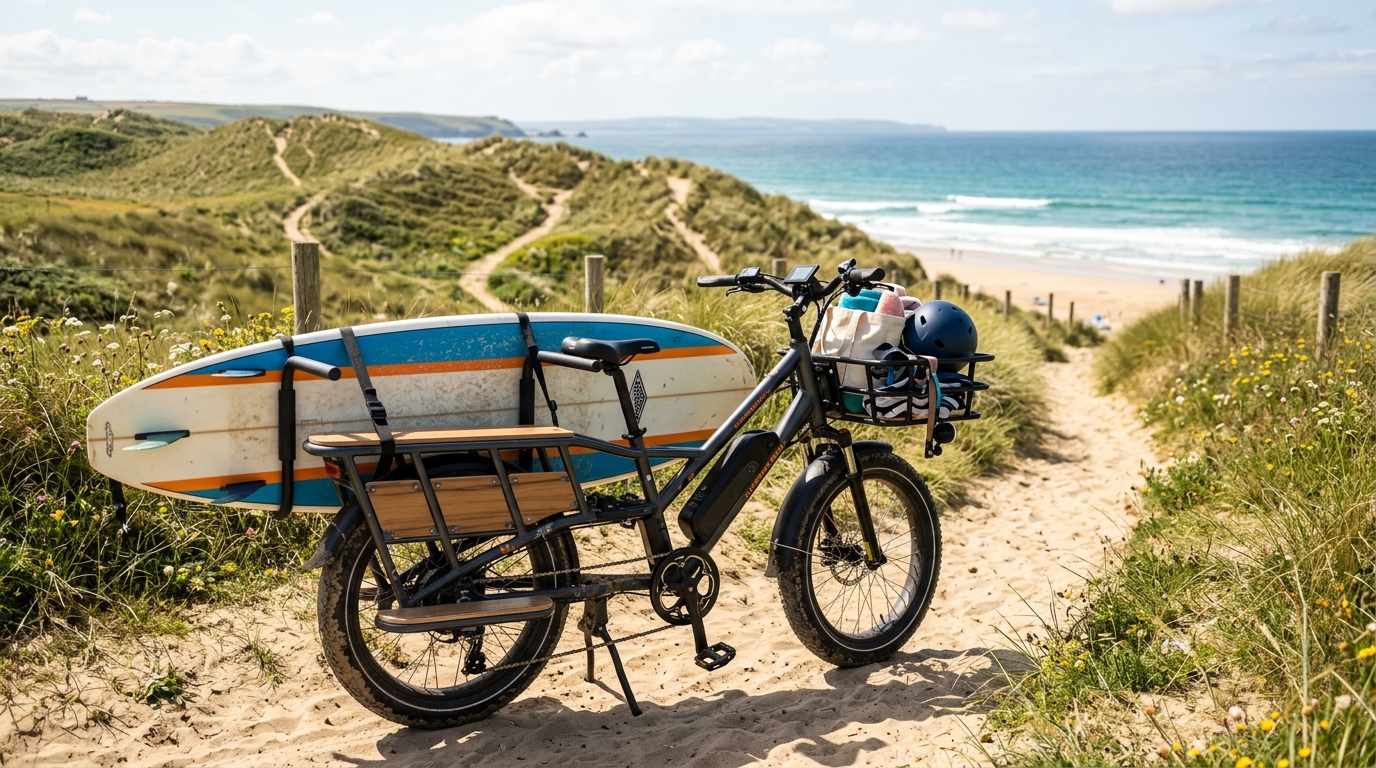 Vélo électrique avec porte-planche de surf garé sur un accès plage