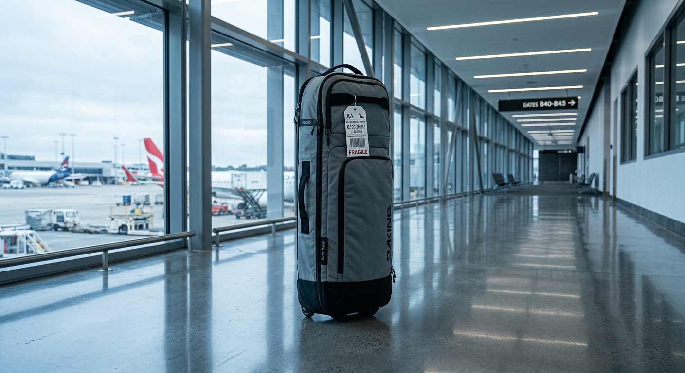 Boardbag de surf avec étiquette avion dans aéroport