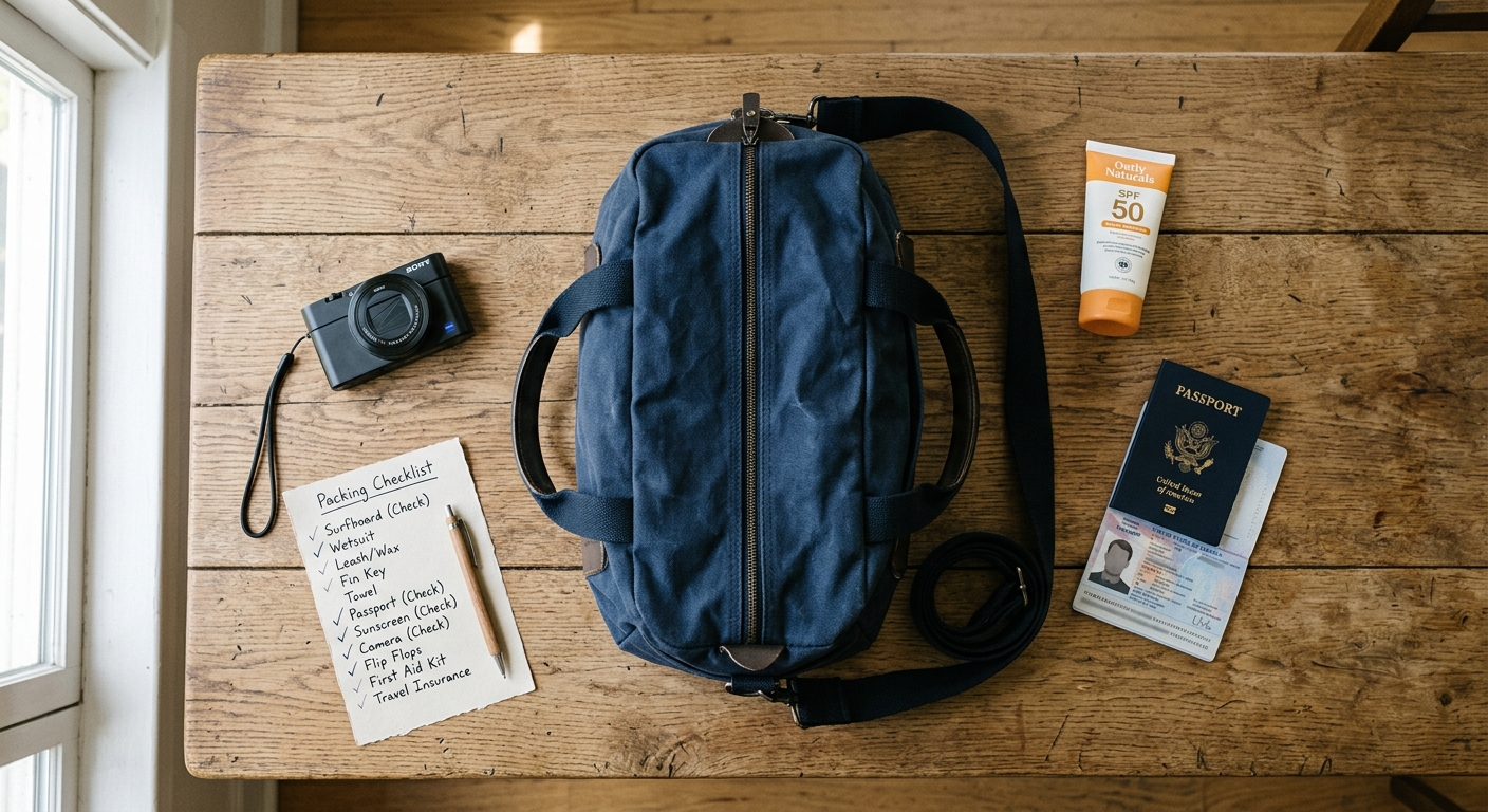 Affaires de surf trip preparees pour un voyage en avion